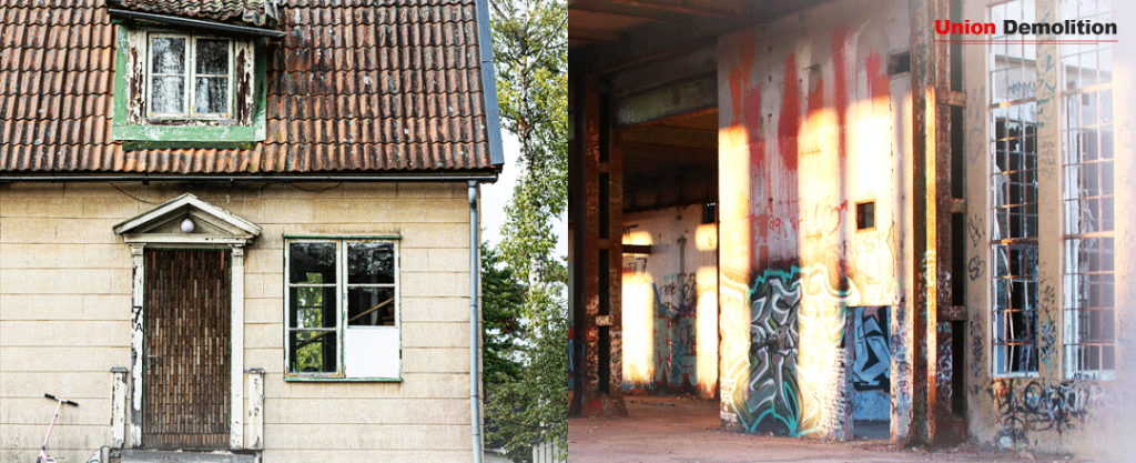 Side-by-side photos of an abandoned house, showcasing its transformation after renovations and asbestos remediation.