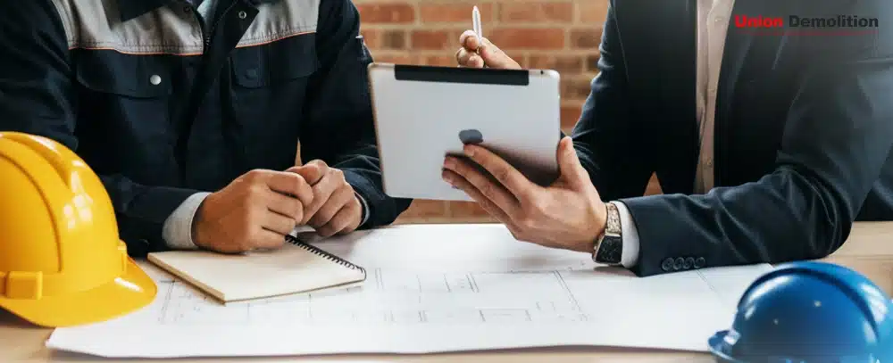 A construction professional in a suit and a worker in a uniform collaborating over building blueprints on a wooden desk. They are using a digital tablet and a notebook, with yellow and blue hard hats resting in the foreground.